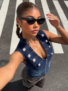 Muchica Áo gile ngắn denim nữ, hàng mới về, áo khoác không tay ôm dáng đa năng có cúc, màu trơn. - Rửa tối - Xem 3