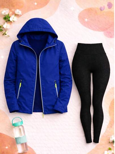 Conjunto Deportivo Mujer 2 Piezas- Chamarra Rompevientos con Capucha y Leggings Ajuste Perfecto l Ideal para Gym, Running y Uso Diario