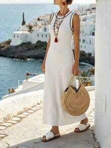 Breezaya Elegant Black And White Summer Office Bodycon Dress,Women's Round Neck Contrast Trim Ribbed Knit Maxi Dress,French Chic Sleeveless Slim White Dress - White - View 7