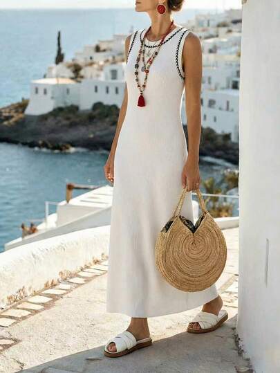 Breezaya New Elegant Bodycon Ribbed Contrast Trim Round Neck Casual Everyday Minimalist Dress, Suitable For Parties, Gatherings, French Chic, Mature Vibe, Luxury Lady, Work, Vacation, Soft Korean Style Sleeveless Knit Dress White Maxi Dress Women Women Vacation Dress Greece Vacation Outfits Women Beach White Dress Italian Summer Dress