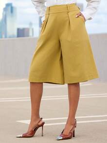 Vixey High Waist Pleated Detail Wide Leg Culotte Pants - Yellow - View 4