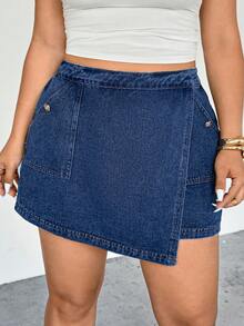 Firerie Váy denim cỡ lớn mùa hè kiểu dáng thường ngày, túi xéo, trang trí cúc. - Màu xanh lam - Xem 5