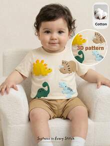 Cozy Pixies Set de 2 piezas con parte superior de manga corta de cuello redondo suave y pantalones de cintura elástica con estampado de dinosaurio de dibujos animados para bebé niño - Multicolor - Ver 2