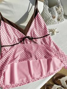 Comfortcana Áo hai dây cỡ lớn chấm bi phối màu tương phản, thắt nơ phía trước, kiểu dáng giản dị, dễ thương, thích hợp cho mùa xuân/hè. - Hồng - Xem 6