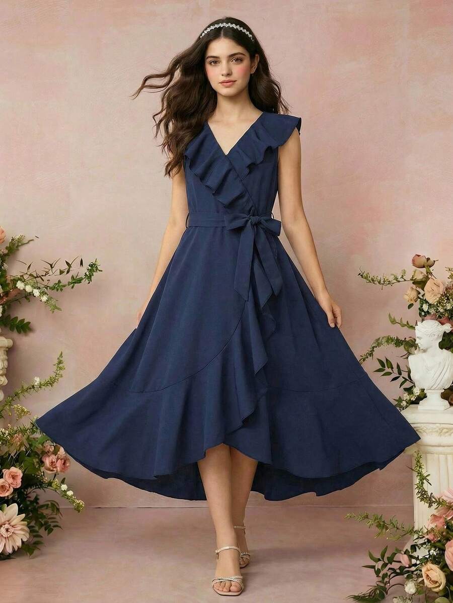 Vestido envolvente con volantes de unicolor elegante para niña preadolescente - Azul Marino - Ver 1