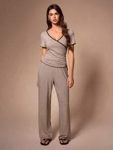 Lazeform Women's Casual Comfortable Knit Contrast Color Cross V-Neck Fitted Short Sleeve Top And Pants Homewear Set - Mocha Brown - View 3