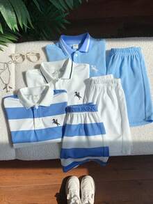 SHEIN 6件套儿童男童休闲日常舒适印花罗纹Polo领半拉链宽松短袖上衣和短裤针织T恤套装，3种款式各一件，共6件。 - 彩色 - 查看 5