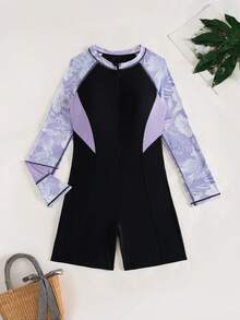 Swim SPRTY Áo tắm nữ cổ đứng phối màu ôm sát, thích hợp cho kỳ nghỉ và bảo vệ da khỏi ánh nắng mặt trời hàng ngày. - Màu tím hoa cà - Xem 4