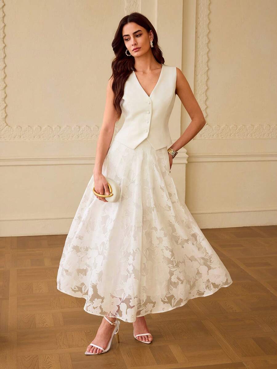 ZEYLAH White Laser Cut Pleated Skirt - White - View 1