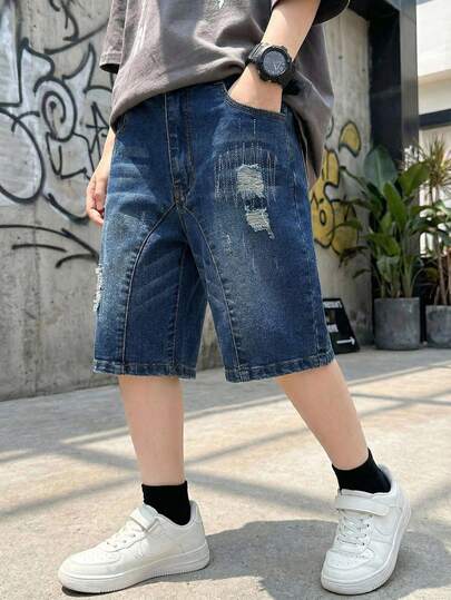 Genkimix Kids Tween Boy Dark Wash Vintage Denim Shorts, Streetwear With Cat Whiskers, Distressed, Classic Button Fly & Side Pockets, Suitable For School And Weekend Outings Y2k Summer Street Vintage Retro Washed Denim