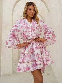 Sandy Gomes 女士时尚休闲优雅浪漫度假印花纽扣连衣裙 - 粉色 - 查看 3