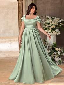 Aureia Đầm maxi dáng ôm sang trọng, tối giản, màu xanh lá cây, hở vai, xếp ly eo, chất liệu satin cao cấp, phù hợp cho đám cưới, tiệc tùng, sự kiện trang trọng, hoặc làm phù dâu. - màu xanh lá - Xem 6