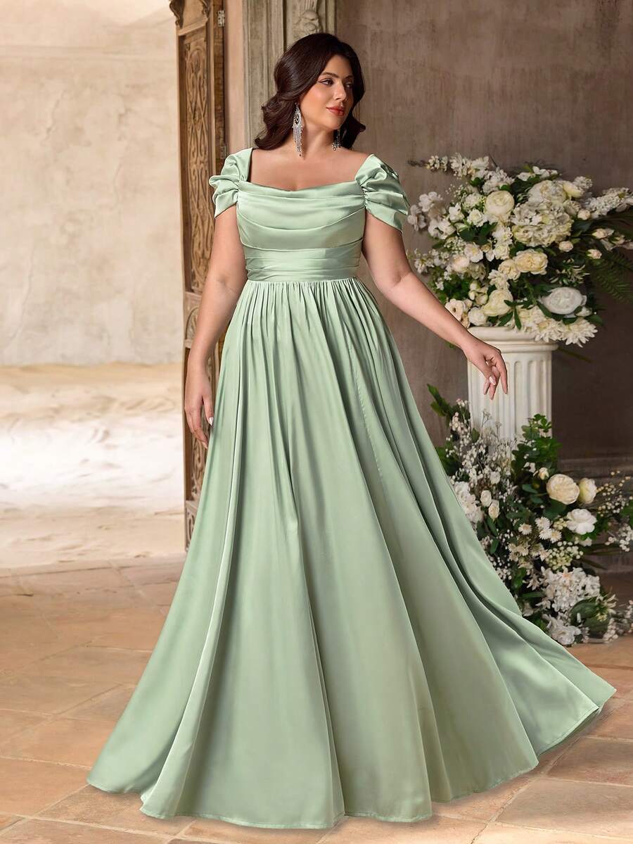 Aureia Plus Size Sage Green Summer Elegant Formal Prom Wedding Luxurious Satin Cold-Shoulder Ruched Waist Fitted Maxi Dress For Bridesmaid,Parties,Events - Green - View 1