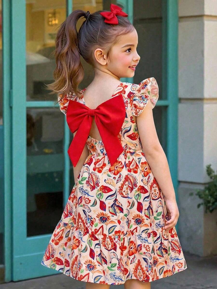 Vestido de verano vintage con estampado floral, manga corta, volantes y lazo en la espalda para niña preadolescente - Multicolor - Ver 1