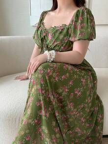 Vibekara Đầm nữ cỡ lớn thanh lịch và gợi cảm cổ chữ V, thắt eo, thích hợp cho các buổi đi chơi và mặc hàng ngày, mùa hè. - màu xanh lá - Xem 1