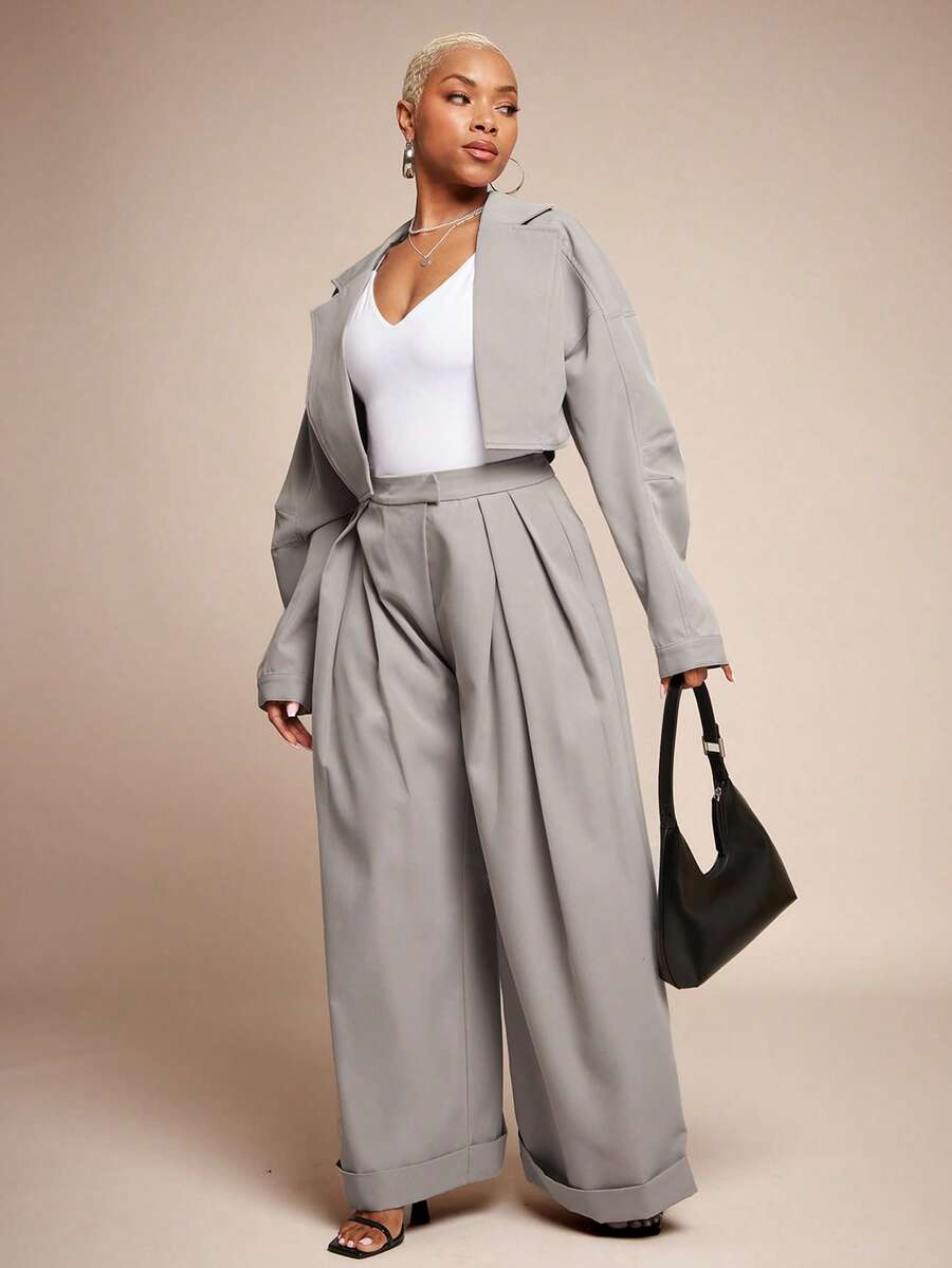Vixey Woven Twill High Waist Pleated Cuffed Hem Wide Leg Trousers - Grey - View 1