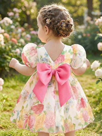SHEIN 2026 New Girls Printed Dress, Fashionable High-End Elegant Petal Sleeve Princess Dress