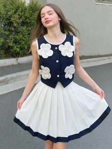 SHEIN Girls' Sleeveless Bow Tie Cardigan Top And Pleated Skirt Elegant Summer Set - Multicolor - View 4