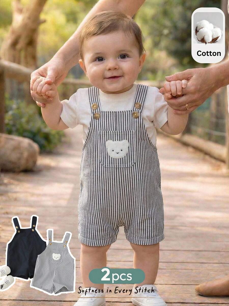 Cozy Pixies 2pcs Baby Boy Cartoon Bear Printed Bib Overalls & Shorts Set - Multicolor - View 1