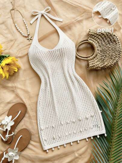 SHEIN Franclia New Summer Beach Babe Pendant Faux Pearl Decor, Exquisite Elegant Elegant Slimming Sexy, Resort Atmosphere, Romantic Beach Vacation Bikini, Personalized Spaghetti Strap Necklace Bodycon Dress, Evening Party, Luxury Women Sweater Dress
