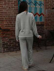 Andrea Bello 女式休闲落肩长袖毛衣和裤子两件套 - 灰色 - 查看 2