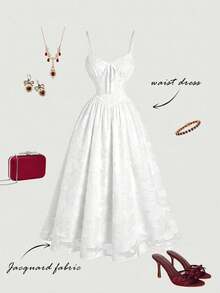 SHEIN MOD Women's Jacquard Knot Design Ruched Waist Elegant Midi Slip Dress For Party,Summer Dresses For Women - White - View 3