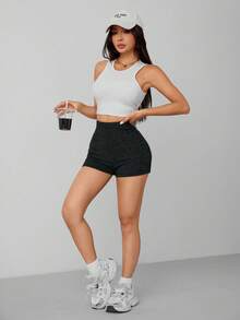 SHEIN PETITE Summer Marled Knit Biker Shorts - Dark Grey - View 4