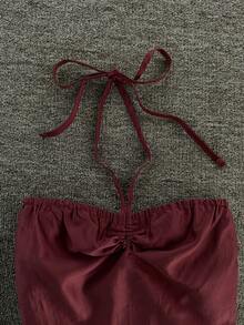 INAWLY Áo thun nữ cổ bẻ xếp ly màu trơn, thoải mái đi làm hàng ngày, viền xếp ly nhiều lớp, không tay, mùa hè - Đỏ - Xem 4