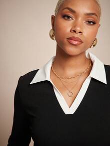 Vixey Two Tone Pointed Collar Jersey Midi Dress - Black - View 4