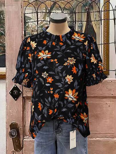 Linhara Plus Size Women's Black Base Orange Flower Stand Collar Ruffle Trim Petal Sleeve Loose Retro Casual Commute Date Daily Holiday Outdoor Comfortable Shirt, Spring/Summer New