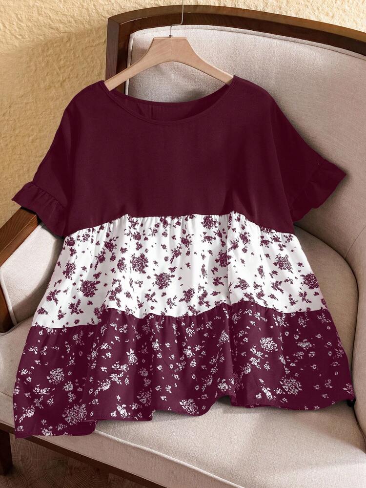 Plus Size Casual Vacation Color Block Mixed Ditsy Floral Shirt,Casual Holiday Style, Casual Holiday Outfits, Summer Fashion, Women's Summer Outfits, Mother's Day Outfits, Country Concert Outfits, Women's Boho Outfits, Women's Western Outfits, Women's Holiday Outfits, Women Summer Clothing Women Plus Clothing Business Casual Woman S Summer Clothes Women Plus Clothing Formal