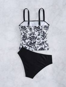Swim Lushoire 女士优雅吊带印花比基尼上衣，波西米亚风格，适合夏季海滩度假 - 黑色 - 查看 7