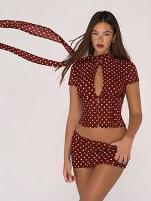 Sweetina Polka Dot Mesh Print Hollow Cardigan Top And Mini Bodycon Skirt 2 Piece Set For Women - Burgundy - View 6