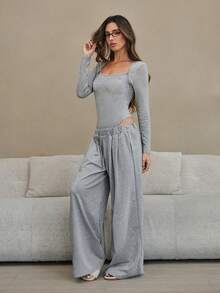 SHEIN 女士休闲纯色方领长袖修身连体裤，春秋季 - 淺灰色 - 查看 6