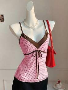 Comfortcana Áo hai dây cỡ lớn chấm bi phối màu tương phản, thắt nơ phía trước, kiểu dáng giản dị, dễ thương, thích hợp cho mùa xuân/hè. - Hồng - Xem 9