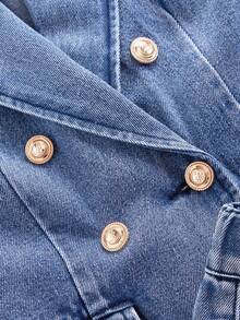 GlowEve 女士休闲牛仔套装，翻领无袖上衣搭配带口袋短裤 - 藍色 - 查看 5