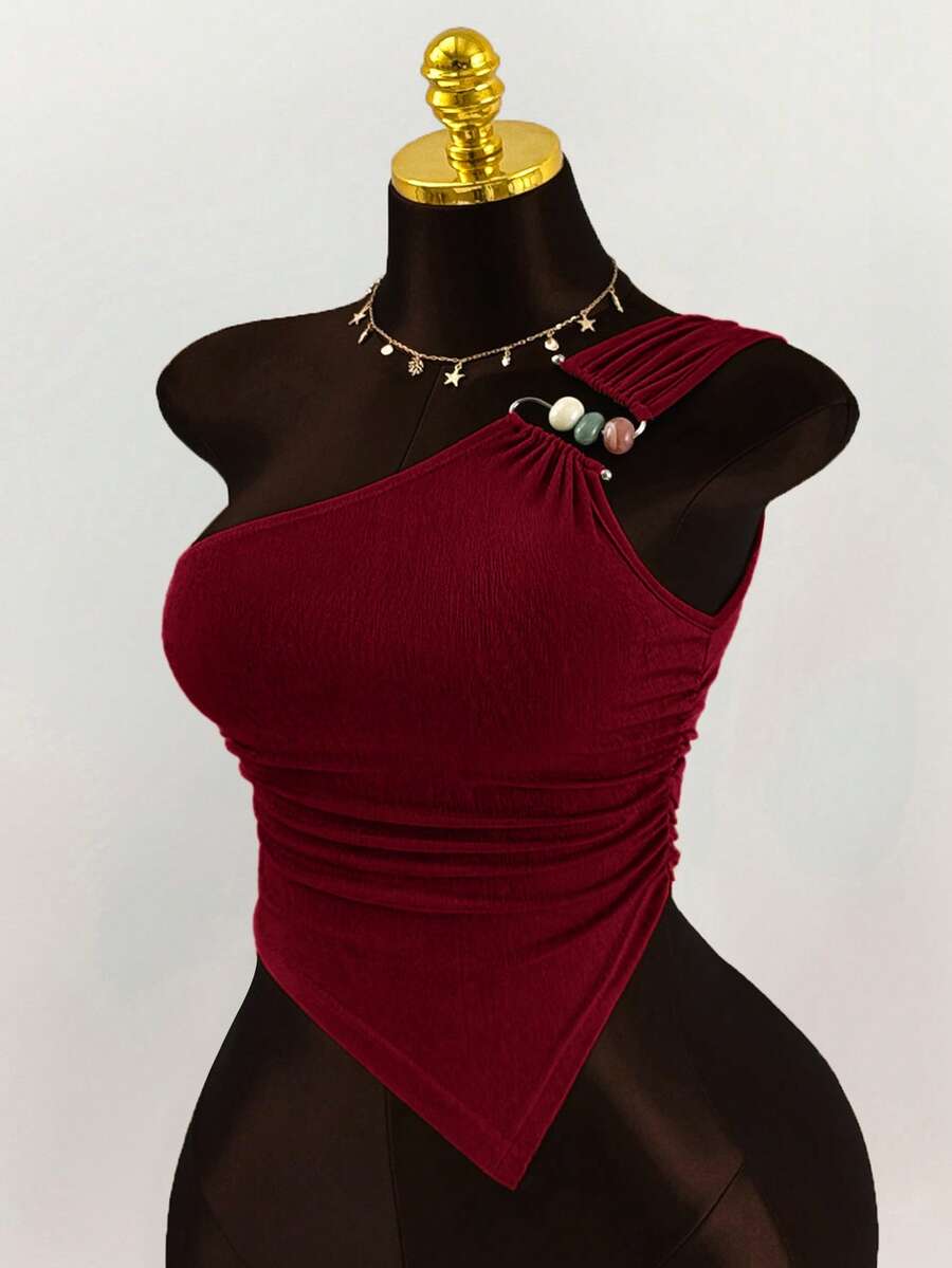 Amplova Top décontracté polyvalent et sexy avec ourlet drapé asymétrique de couleur unie pour grandes tailles - Rouge foncé - Voir 1