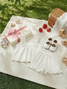 Souflis Souflis 2件套女婴幼儿/新生儿0-3岁春夏休闲度假公主风纹理编织短袖衬衫上衣和短裤套装，杏色 - 米色 - 查看 11