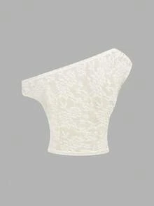 SHEIN Tween Girls Elegant Casual Ivory Lace Casual Minimalist Asymmetric Ruched Cropped Top, Suitable For Spring/Summer, Casual, Daily Wear - White - View 5