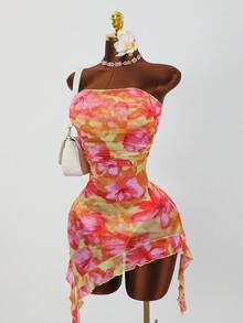 Bonvoyette 3pcs/Set Summer Holiday Beach Random Print & Mesh Print Bandeau Bikini Top, High Cut Bottoms And Bandeau Dress Sexy Women Swimwear Set - Multicolor - View 3