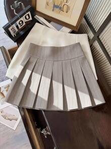 Franclia 女士夏季高腰百褶迷你裙，松紧腰带设计，条纹梭织面料，百搭款式，休闲时尚，适合日常穿着 - 卡其色 - 查看 1