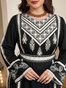 Al Najma 大码女式几何印花休闲派对日常阿拉伯风格连衣裙 - 黑與白 - 查看 6
