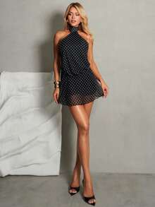Women's Elegant Polka Dot Print Backless Mini Cami Dress Party - Black - View 1