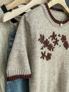SHEIN Franclia Áo len nữ dệt kim dáng rộng, họa tiết hoa ngọt ngào, phong cách retro, hàng mới về, thích hợp cho mùa xuân/thu. - Cà phê nâu - Xem 6