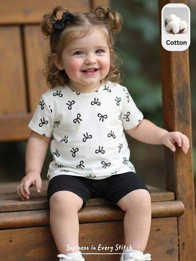 Cozy Pixies 2pcs Baby Girl Bow Knit Soft Round Neck Short Sleeve Top And Elastic Waist Shorts Set