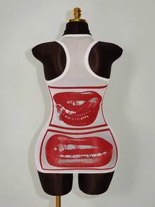 Amplova Plus Size Women's Sleeveless Bodycon Mini Dress With Face & Lip Print, Sheer - Red - View 2