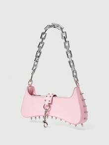 ROMWE Grunge Punk Women's Punk Edge Studded Shoulder Bag With Acrylic Chain Straps - Urban Streetwear Style Purse For Everyday Use,Suitable For Valentine's Day Dates - Baby Pink - View 2