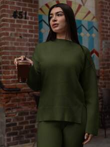 Andrea Bello 2pcs Women Knit Sweater Set - Crew Neck Pullover Sweater & Long Pants Fall Winter Cloth For Women - Army Green - View 3