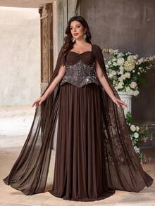Aureia Đầm dạ hội sang trọng, màu nâu cà phê, cổ hình trái tim, tay bồng, thêu đính cườm, thiết kế xếp nếp, dáng chữ A, phù hợp cho mọi dịp trang trọng, mùa cưới, dạ tiệc (thiết kế được trang trí cầu kỳ). - Cà phê nâu - Xem 2