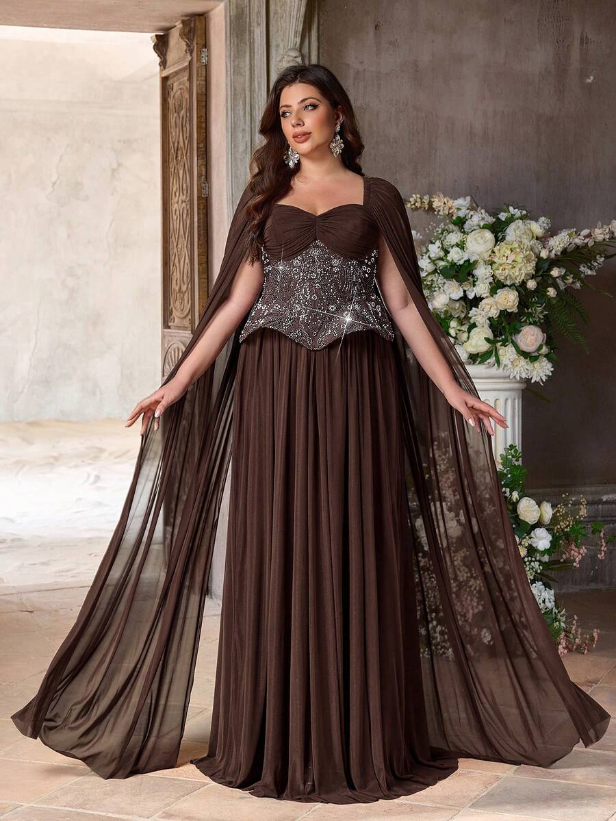Aureia Đầm dạ hội sang trọng, màu nâu cà phê, cổ hình trái tim, tay bồng, thêu đính cườm, thiết kế xếp nếp, dáng chữ A, phù hợp cho mọi dịp trang trọng, mùa cưới, dạ tiệc (thiết kế được trang trí cầu kỳ).